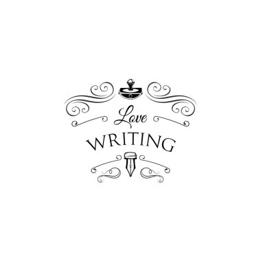 Ağırlık, tüy, Vintage kalem. Yazar logosu. Yazıt yazma seviyorum. Secorations, Swirls, süslü telkari çerçeve, kaydırma güzelleşmek elemanları. Vektör.