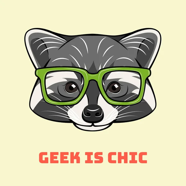 Nerd mapache. Gafas inteligentes. Retrato de animal friki. Geek es una inscripción elegante. Vector . — Vector de stock