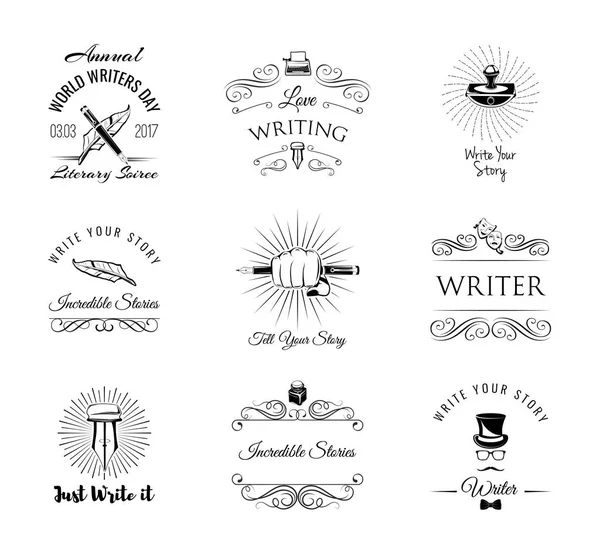 Writers labels set. World Writer Day logos. Paperweight, feather, elegant pen, writer, literary. Swirls, ornamental filigree frame, decorative design elements. Vector. — Stock Vector