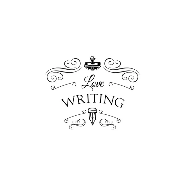 Presse-papier, veren, Vintage pen. Logo van de schrijver. Liefde schrijven inscriptie. Secorations, Swirls, sierlijke filigraan frame, Scroll bloeien elementen. Vector. — Stockvector