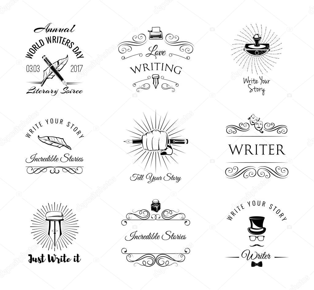Writers labels set. World Writer Day logos. Paperweight, feather, elegant pen, writer, literary. Swirls, ornamental filigree frame, decorative design elements. Vector illustration.