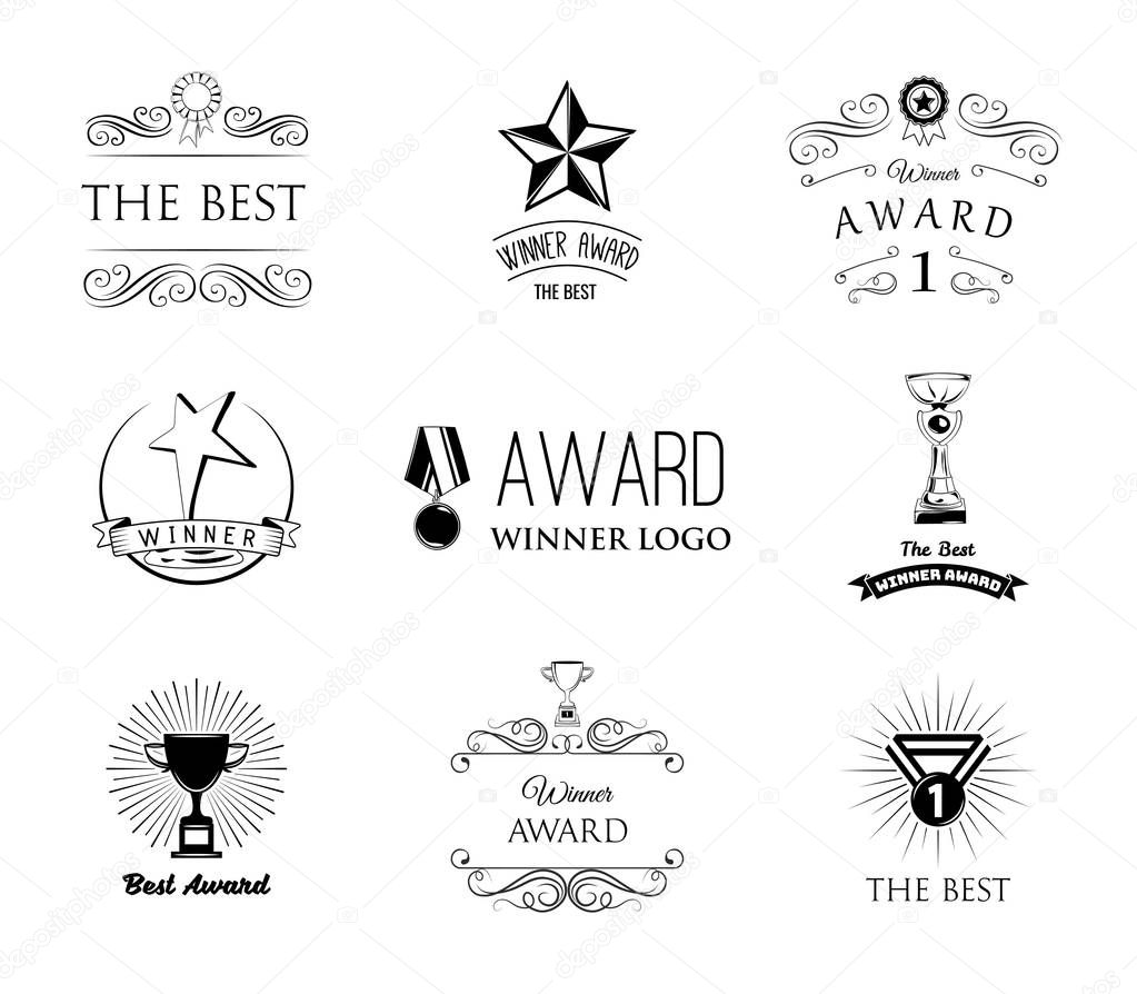 Winner award set. Medal, Cup, Trophy, Star badge, Prize. Win symbols collection. First place, The Best. Victory labels. Vector.