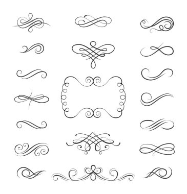 Dekoratif swirls ayarlayın. Kaydırma, kaligrafi bukleler güzelleşmek. Süslü telkari çerçeve. Sayfa Dekorasyon koleksiyonu, kitap dekor. Ayırıcı sayfa, sınır. Düğün davetiyesi, tebrik kartı. Vektör.