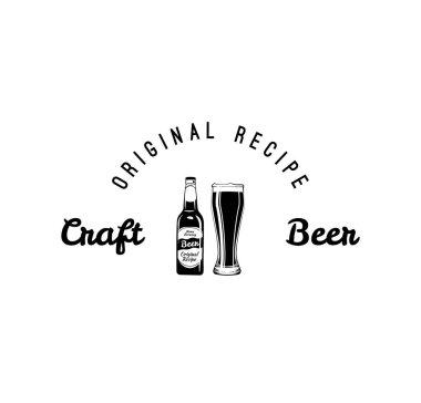 Zanaat bira şişesi, cam kutsal kişilerin resmi. Alkollü içecek. Bar menü tasarımı, Pub logo. Bira etiket. Orijinal tarifi yazıt. Vektör.