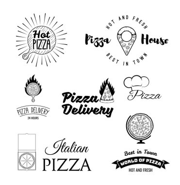 Pizza logolar ayarlayın. Pizzacı, İtalyan Restoran, Pizza kutusu, Pizza house, gıda dağıtım, Fast food. Ahşap stand, Pizza parça yangında. Vintage tarzı. İtalyan mutfağı. Vektör.