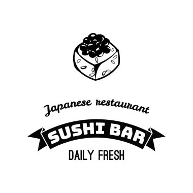 Suşi simgesi. Rulo. Japon restoranı logo, etiket. Deniz ürünleri rozeti. Japon yemekleri. Asya mutfağı. Vektör.