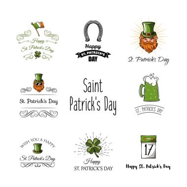 St Patricks day labels set. Calendar, clover, leprechaun, four leafy, Ireland, green, beard horseshoe flag beer ale Saint Patrick clipart