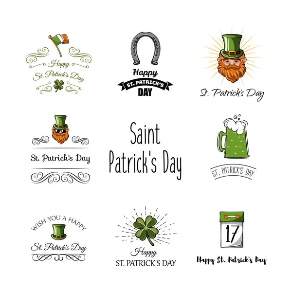 St Patricks day labels set. Calendar, clover, leprechaun, four leafy, Ireland, green, beard horseshoe flag beer ale Saint Patrick — Stock Vector