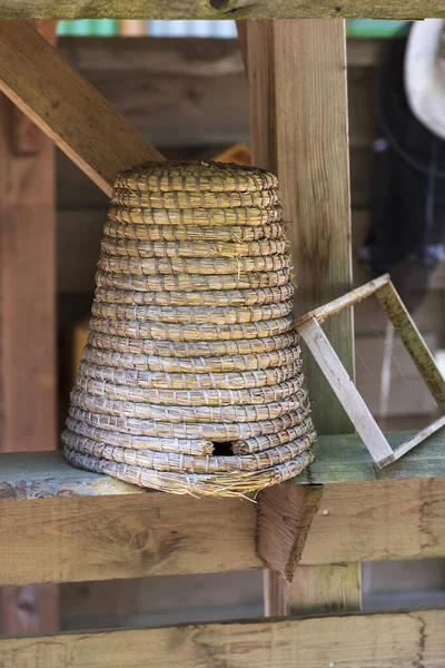 Demostración Una Colmena Mimbre Para Abejas Hay Plástico Lado Colmena — Foto de Stock