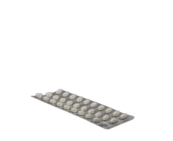 Blister Que Pequenas Pílulas Falta Comprimido Blister Isolado Num Fundo — Fotografia de Stock