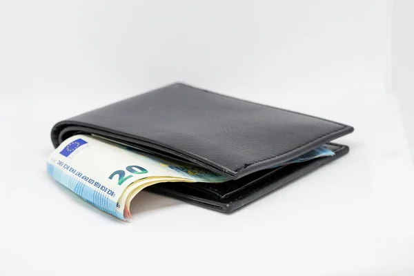 Men Brown Wallet Paper Euro Banknotes Wallet Photo Has White — Stock Photo, Image