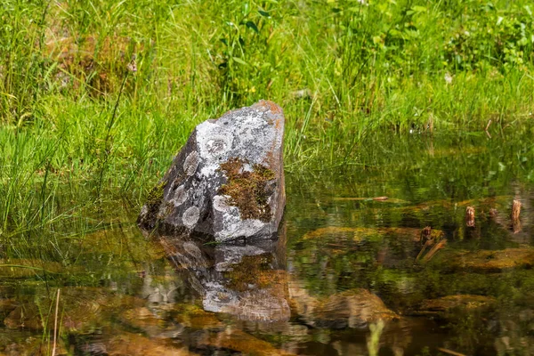 Steen Vijver Wordt Weerspiegeld Het Water Achter Steen Groen Gras — Stockfoto