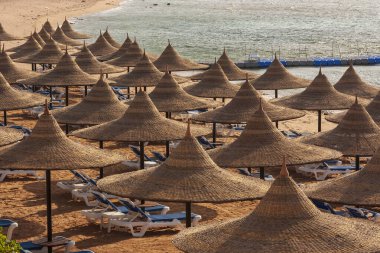 Doğal şemsiyelerle kaplı kumlu bir sahil manzarası. Arka planda denize girmek için deniz ve dubalar var..