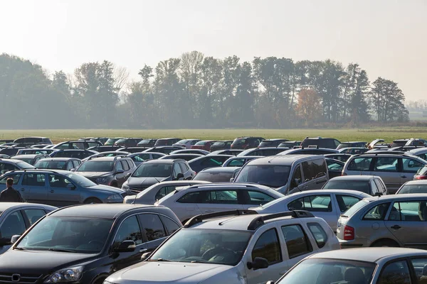 Coches Estacionados Campo Verde Fondo Hay Bosque —  Fotos de Stock