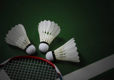 Badminton tüylü mekikleri yeşil badminton sahasında.
