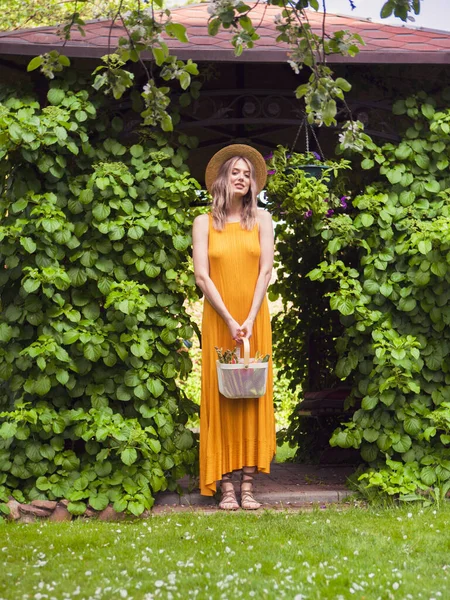 Niña en sombrero en el jardín verde de verano con una cesta de verduras orgánicas frescas, fotografía para el blog y la publicidad —  Fotos de Stock