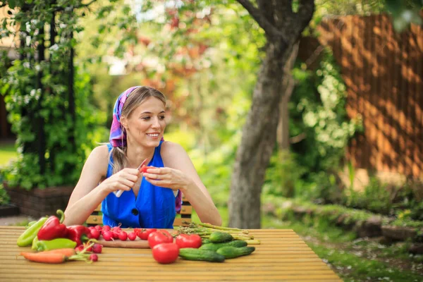 Perempuan muda yang tersenyum dengan sayuran segar organik sedang duduk di meja, fotografi untuk blog dan iklan — Stok Foto