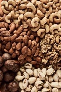 Ceviz, fıstık, fıstık, badem, macadamia ve ceviz karışımı, sağlıklı çerez, yemek blogu veya reklam için fotoğraf.