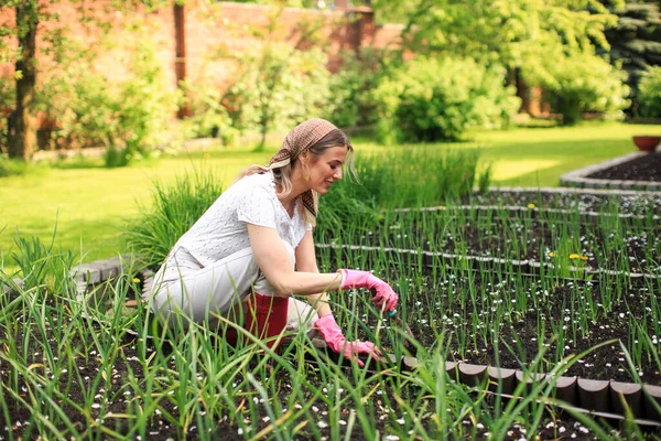 Seorang gadis muda cantik dengan selendang dan sarung tangan karet menanam bawang di kebun belakang rumahnya pada hari musim panas yang cerah. — Stok Foto