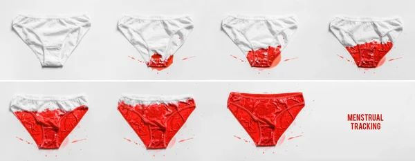 Menstruationserfassung, Menstruationsflüssigkeit auf Unterwäsche, Fotografie für Frauenblog oder Apps, gesunder Lebensstil der Frau — Stockfoto