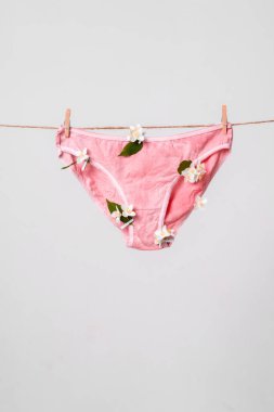 Çamaşır ipinde çiçek olan kadın iç çamaşırları feminist blog için konsept içeriği, kadın sağlığı hakkında poster