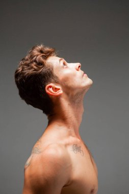 Stüdyoda çıplak omuzlu, şık saç kesimi olan yakışıklı bir gencin portresi. Dövmeli vücut.