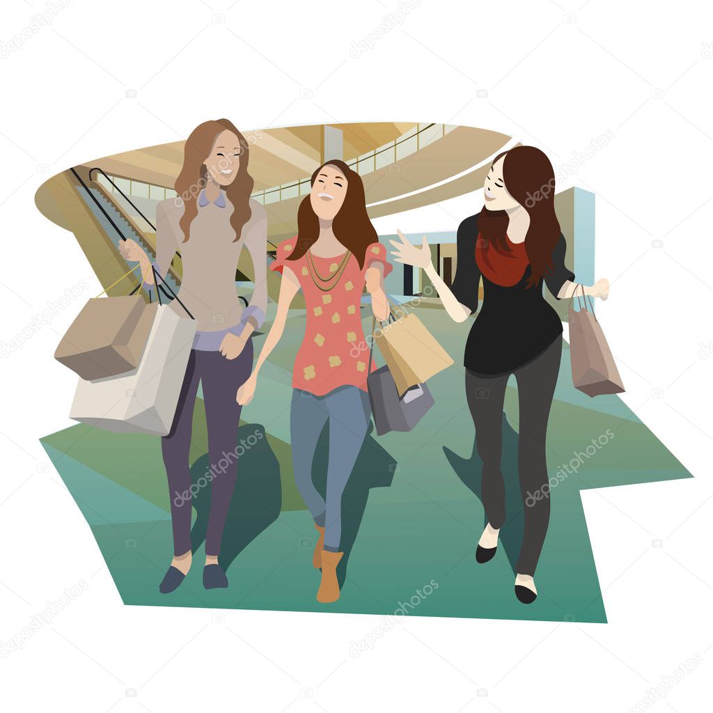 girls having fun shopping at mall. vector and illustration