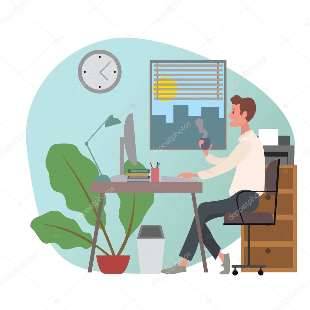 man work at office and enjoying coffee. vector and illustration