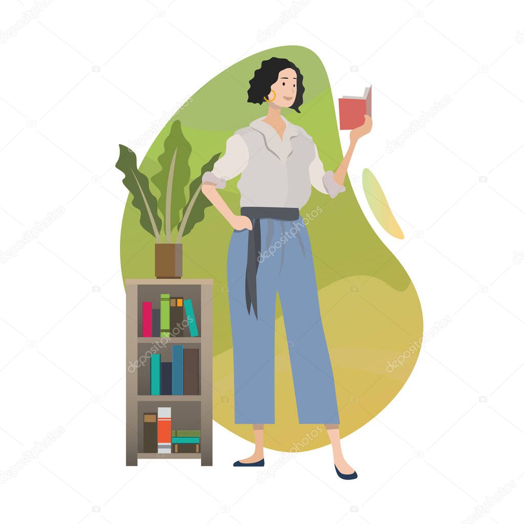 woman standing reading book. vector and illustration