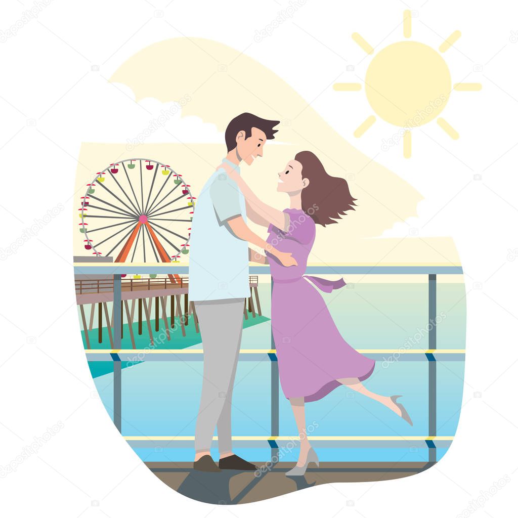 couple on pier at sunset. vector and illustration. perfect for webpage, magazine, books etc