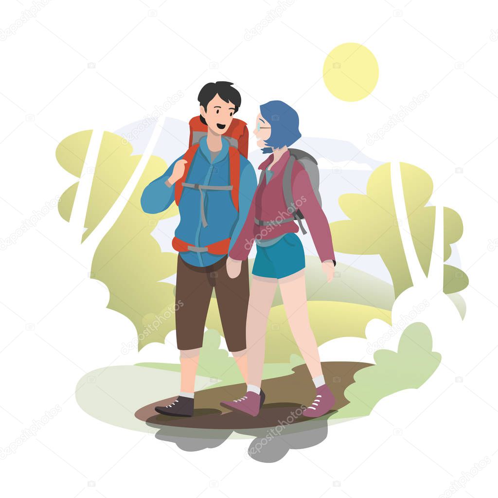 couples walking together outdoor. hiking or cross country. vector and illustration. nice for travelling book, post card, webpage etc