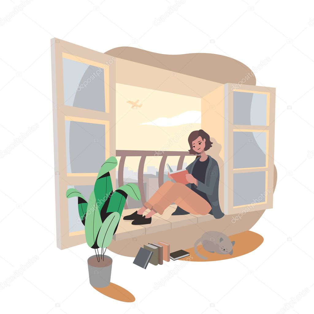 girl relax reading book by the window with acompany of your cat. vector and illustration