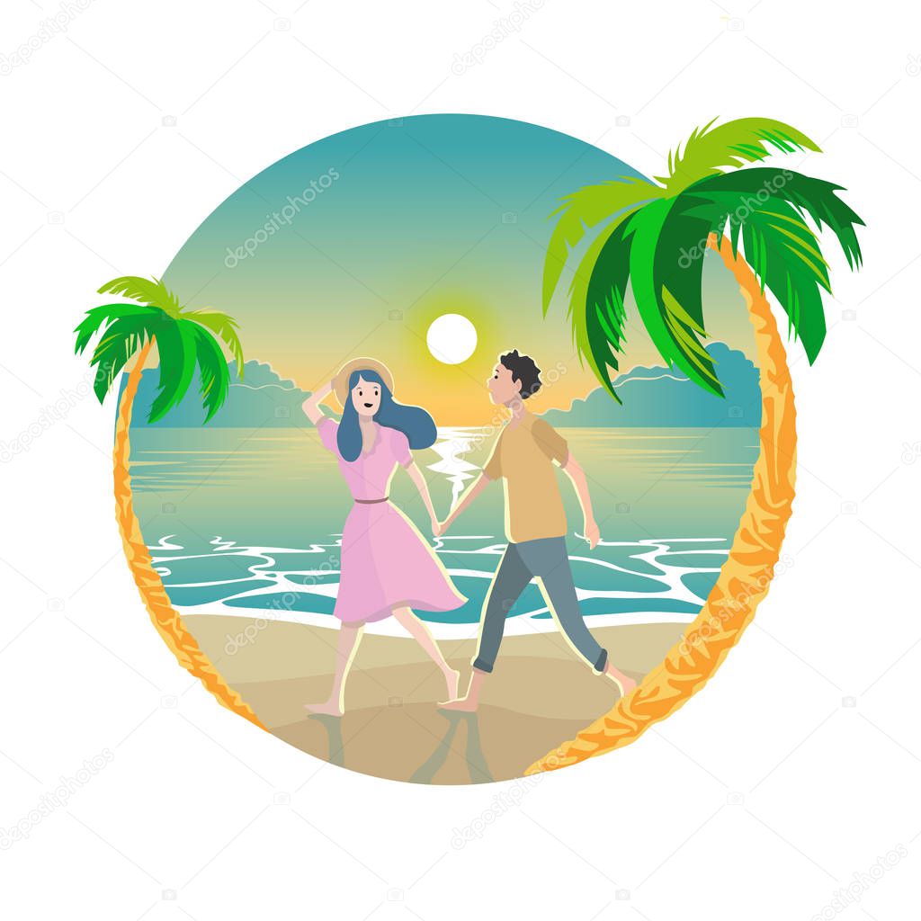 couple holding hand at beach with sunset background. suitable for travelling book, webpage etc 