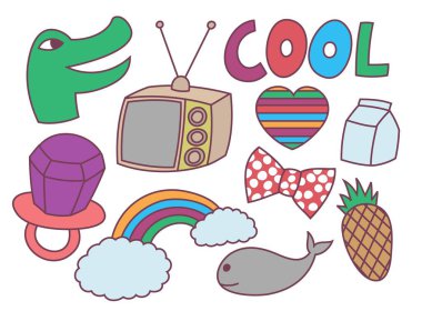 dizi çeşitli karalamalar, gençler, etiket, resim çizme, illüstrasyon