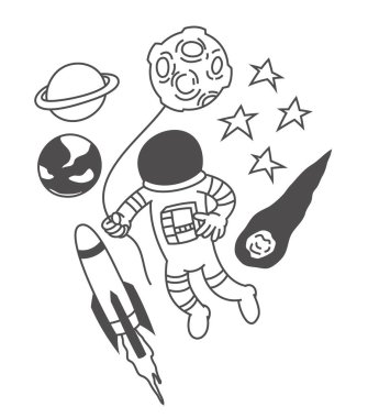 Şirin astronot tutarak balon, baskı, t gömlek tasarım, doodles