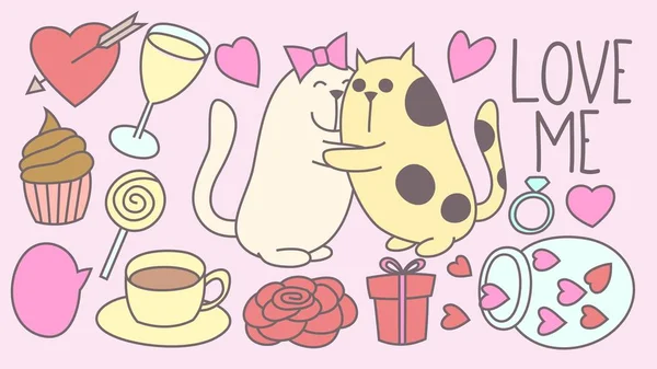 Drôle Mignon Chat Couple Valentines Jour Gribouillis — Image vectorielle