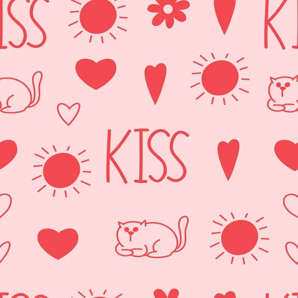 Niedliche Katze Valentines Tag Nahtlose Muster — Stockvektor