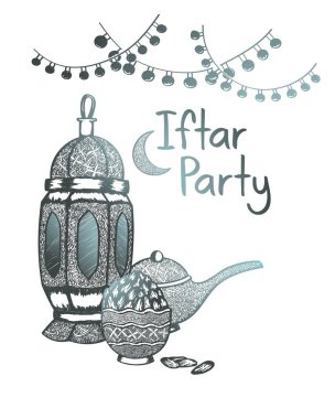 Güzel elle çizilmiş iftar parti, ramazan kareem, eid mubarak, fener, lamba, tarihler, tatlı, afiş, davetiye, kart, için iyi banner