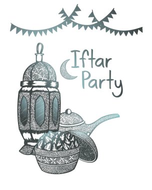 Güzel elle çizilmiş iftar parti, ramazan kareem, eid mubarak, fener, lamba, tarihler, tatlı, afiş, davetiye, kart, için iyi banner