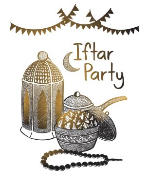  Beautiful hand drawn iftar party, ramadan kareem, eid mubarak, lantern, lamp, dates, sweet, good for poster, invitation, card