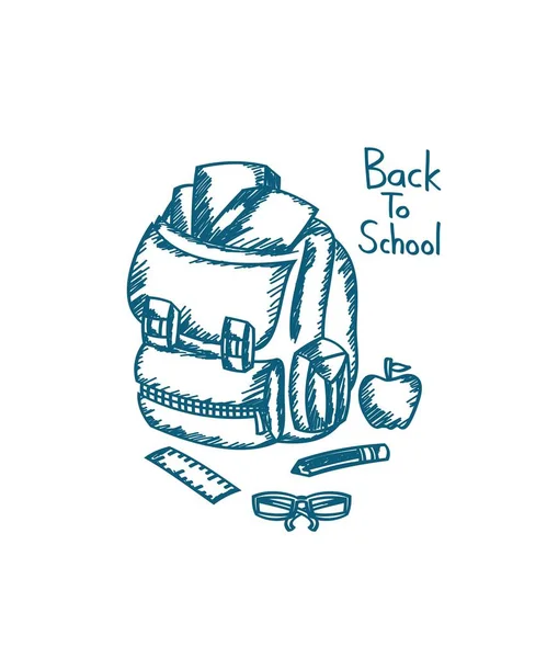 Back School Bag Books Ruler Apple Pencil — Stock Vector
