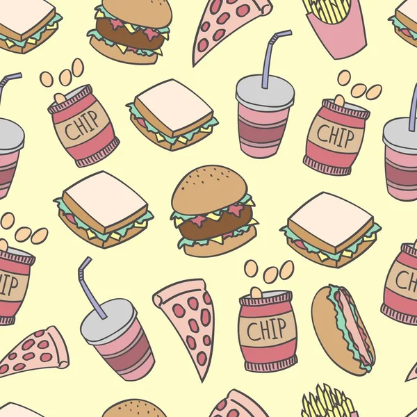 Doodle Comida Rápida Patrón Sin Costuras — Vector de stock