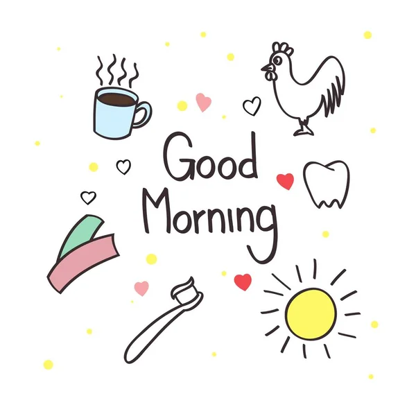 Doodle Guten Morgen Zahnbürste Zahnpasta Handtuch Sonnenaufgang Huhn Zähne Und — Stockvektor