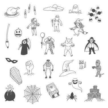 Cadılar Bayramı doodle, çizim, karikatür ayarla