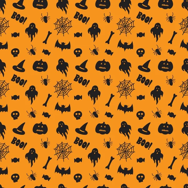 Halloween Wallpaper Naadloze Bot Spin Spinnenweb Boo Ghost Vleermuizen Pompoen — Stockvector