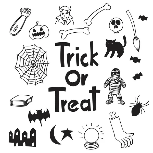 Halloween Trick Lub Leczenia Czarno Białe Doodle — Wektor stockowy