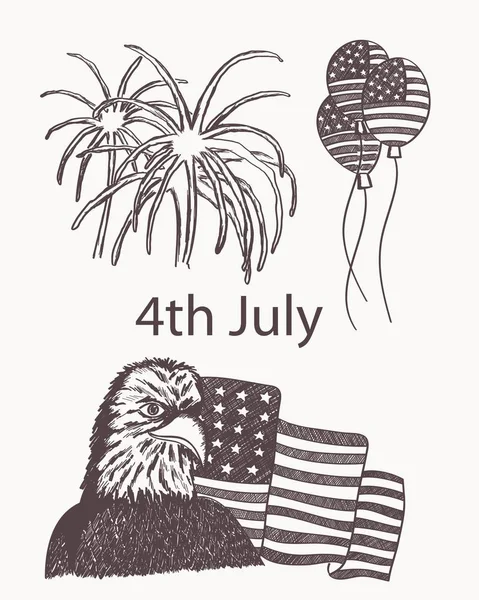 Giorno Dell Indipendenza Disegnato Mano Aquila Bandiera Palloncino Fuochi Artificio — Vettoriale Stock