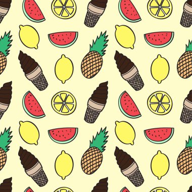 Seamless summer art, ice cream chocolate, lemon, watermelon and pineapple