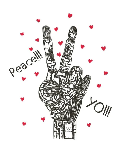 Main Mécanique Dessinée Main Paix Amour Hippie Hiphop Affiche Badge — Image vectorielle