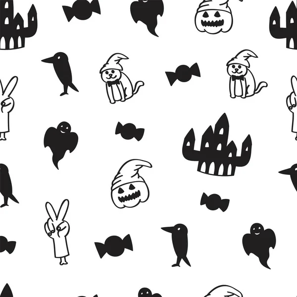 Seamless Halloween Black White Doodle — Stock Vector
